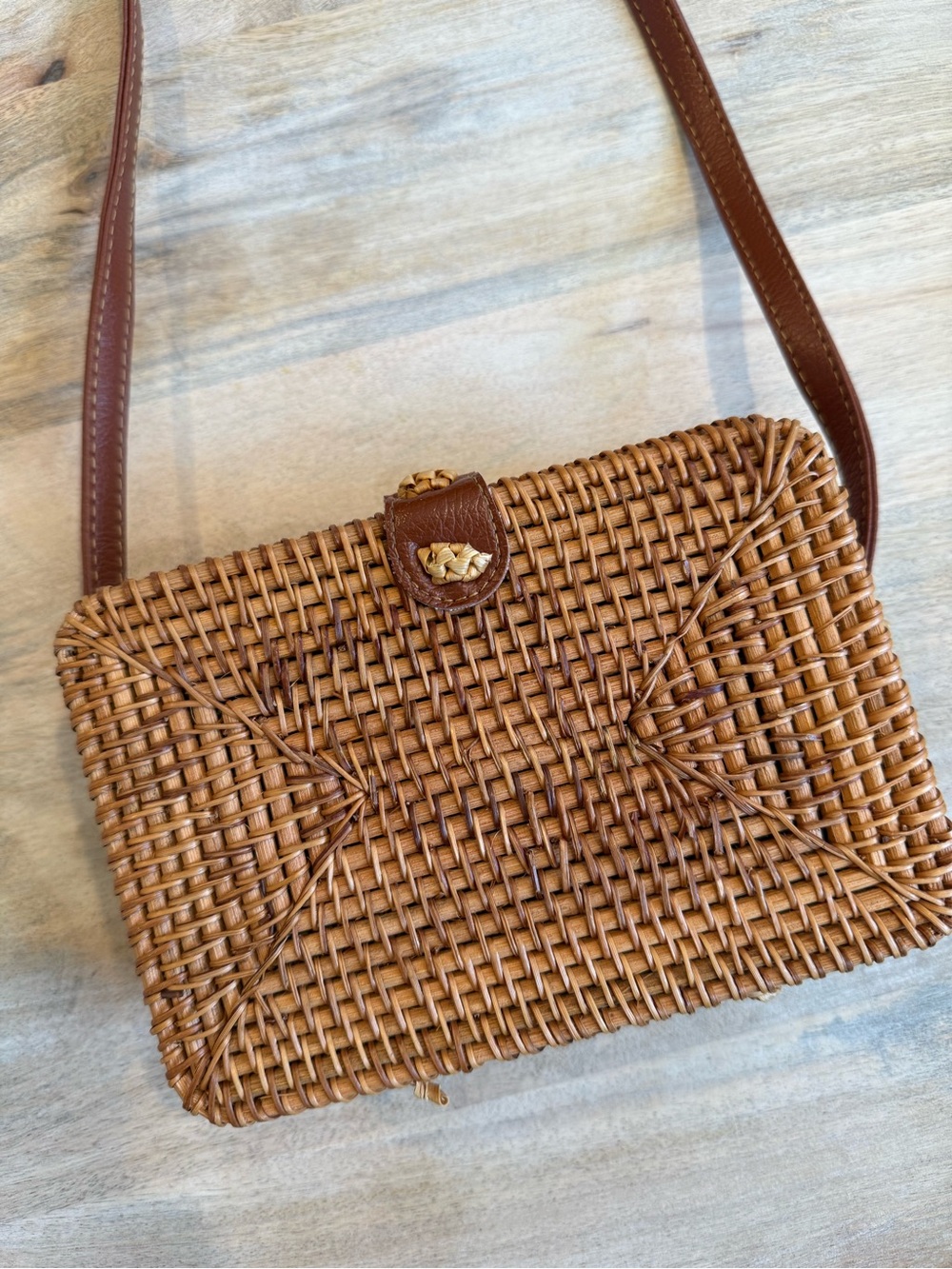 Woven Rattan Crossbody Bag in Brown